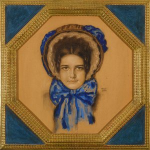 Marie avec un chapeau (type capot) - ポケのボンネットをかぶった娘メアリー - Franz-Ritter (Franz Ritter) von Stuck (1863-1928).厚紙にグワッシュ、パステル、石炭 寸法 : 55x49,3 cm 個人蔵 作： Franz von Stuck