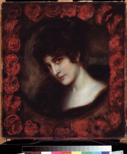 ""Portrait of a Woman"" (Portrait of a Woman) 顔をバラで縁取られた若い黒髪の女性。 Franz Ritter von Stuck (1863-1928) の絵画 20 世紀初頭 プーシキン美術館、モスクワ 作： Franz von Stuck
