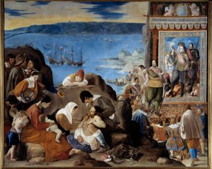 1625年5月1日、Fadrique Alvarez de Toledo y Mendoza（1580-1634）が指揮するポルトガル、スペイン、インディアンの軍隊によるSalvador de Bahia（ブラジル）の奪取の寓話（ブラジルのバイアの奪還） - 左：犠牲者の苦しみ - 右。Gen