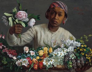 牡丹を持つ若い女性 作： Frédéric Bazille