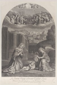 キリストの子供を崇拝する聖母マリア、右にいばらの冠を持っている天使、...、約。 1729年。 作： Frédéric Horthemels