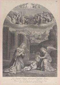 キリストの子供を崇拝する聖母マリア、右にいばらの冠を持っている天使、...、約。 1729年。 作： Frédéric Horthemels