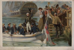 勝利号でトラファルガーに向けて出航するためにポーツマスを離れるネルソン (chromolitho) 作： Fred Roe