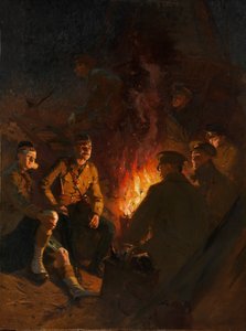 前線のどこか、夜のキャンプファイヤーの周りの兵士たち、西部戦線