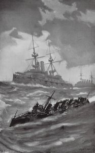 英仏海峡をクルージングするHMSマーズ、テリブル、ドラゴン（リトグラフ） 作： Fred T. Jane
