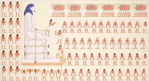 ファラオの巨大な像の移動を描いたベニ ハサンの壁画 (カラー リソ)