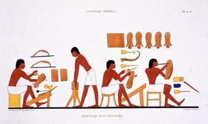 フレデリック カイヨー (1787-1869) による 2 回目のエジプト訪問で 1819-1822 年に記録されたテーベのフレスコ画の珍しい記録からの皮革職人、カラー リソ