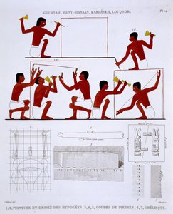 フレデリック・カイヨー（1787-1869）、カラーリソによるエジプトへの2回目の訪問で、1819-1822年に記録されたテーベのフレスコ画のまれな記録からの作業中の石工