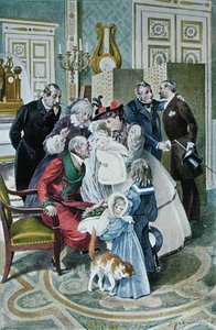 祖父母への訪問」 水彩画の原画をもとに 19世紀後半 カラーリトグラフ 作： Frederic (after) Regamey