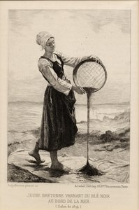 1874年にカダートによって彫刻された、海辺でソバを吹く若いブルトンネ（印刷）