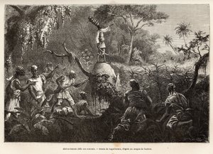 モンブットゥス族の王モウンザの友人であり副官であるアブド・エス・サマテが、自分たちに宣戦布告した敵のザンデス族（またはニアム・ニアム）に挑んでいる。 作： Frederic Auguste Laguillermie