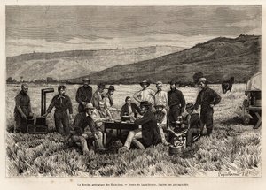 1870年から1872年にかけて、ヘイデン、ドーン、ラングフォードの各氏が米国国立公園を訪れて行った一連の地理的任務を描いたラギレルミーの絵の後にエッチングされた、平原の中に米国の地質学的任務が若々しく描かれています（出版されています）。 作： Frederic Auguste Laguillermie