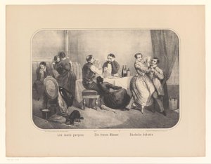 インテリアの男性と女性のグループ Les maris garçons / Die freien Männer / Bachelor hubants (オブジェクトのタイトル) 作： Frederic Charles Wentzel (possibly)