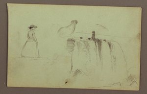 歩く少女、しゃがむニワトリ、ナイアガラ川のアメリカ滝 作： Frederic Edwin Church