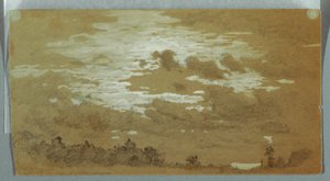 樹木が茂った尾根の上の曇り空、ナイアガラ 作： Frederic Edwin Church