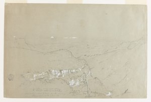 コロラド州テケンダマ滝の近くからのボルカノストリマとルイスの山頂の遠景 作： Frederic Edwin Church