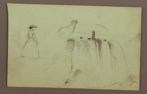 デッサン、歩く少女、しゃがむ鶏、ナイアガラ川のアメリカ滝、おそらく1856年 作： フレデリックエドウィン教会