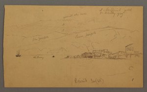 ドローイング、家々のある湾、背後の山々、1868年1月 作： フレデリックエドウィン教会
