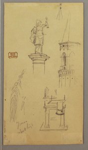 ドローイング、教会、建物、屋根付き橋、おそらく1868-69年 作： フレデリックエドウィン教会