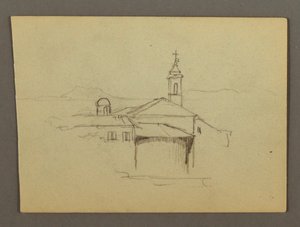 教会の塔に隣接する建物の図面、1868-69年頃か 作： フレデリックエドウィン教会