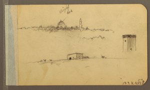 素描、教会、塔、家屋；裏面：山脈、1889年 作： Frederic Edwin Church