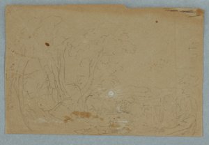デッサン、丘陵地帯に広がる曇り空、裏面は小川に映る満月、1845-50年 作： フレデリックエドウィン教会
