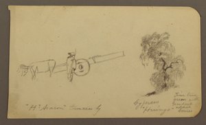 デッサン、人物と牛車、ヒノキ、裏面：キュイッツェオ湖対岸の眺め、1885年1月 作： Frederic Edwin Church