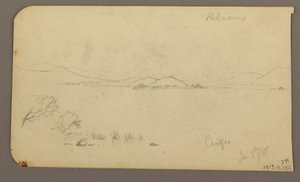 デッサン、人物と牛車、ヒノキ、裏面：キュイッツェオ湖対岸の眺め、1885年1月