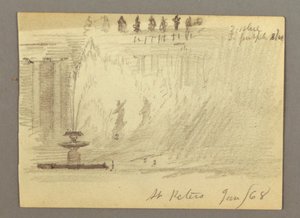 デッサン、サン・ピエトロ大聖堂広場の噴水、ローマ、イタリア、1868年1月 作： Frederic Edwin Church