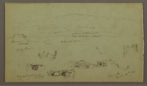 図面、平野を横切る丘陵地帯、廃墟、1868年4月28日 作： Frederic Edwin Church