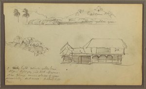 デッサン、風景、木の上、家、1857年 作： フレデリックエドウィン教会