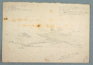素描「ハドソン渓谷の風景」、裏面：木の身廊のある教会のスケッチ、1870年6月14日