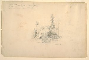 ドローイング、木々に囲まれた丸太小屋、1844年7月