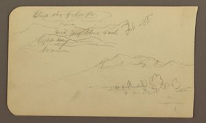 デッサン、山脈、クアウトラ、教会；裏面：しゃがむ馬、風景描写、1885年2月 作： フレデリックエドウィン教会