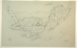 宮殿とコリント式古墳群を西側から見たヨルダン、ペトラのデッサン（1868年2月26日