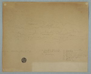 デッサン、曇り空から山の稜線に降る雨（エクアドル、ハシエンダ・チヨ、1857年7月27日 作： Frederic Edwin Church