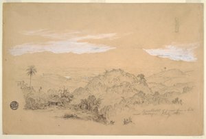 デッサン、コロンビア、カルタゴ近郊の丘からの眺めと水瓶を頭に載せた女性の回想、1853年7月 作： フレデリックエドウィン教会