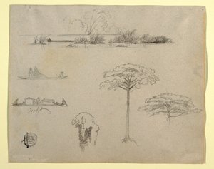 デッサン、コロンビアからのスケッチ：川の風景、筏に乗る人々、木々 1853年 作： フレデリックエドウィン教会