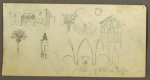 デッサン、大邸宅、ラクダに乗る人物、建築学、ヤシの木、おそらく1868年 作： フレデリックエドウィン教会