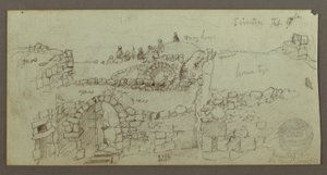 ドローイング、石造りの建物、屋根の上に集まる男たち（1868年2月17日撮影）。 作： フレデリックエドウィン教会