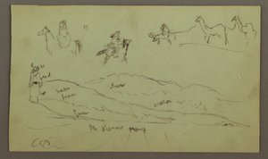 素描、ロバとロバに乗った人物の習作、丘陵上の人物、おそらく1868年