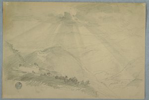 1865年7月、ジャマイカ、山の渓谷の雲間から太陽が炸裂するドローイング