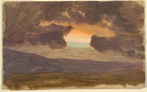 素描、裸の丘に沈む夕日、1870-80年 作： フレデリックエドウィン教会