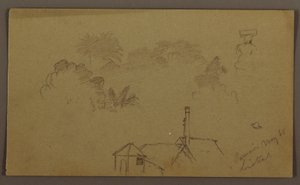 デッサン、樹木、人物、家、リンステッド、1865年5月 作： フレデリックエドウィン教会