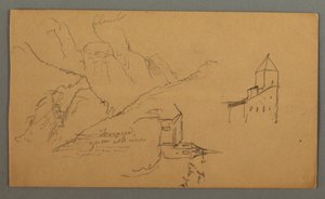 素描、2つの教会、谷、滝、1868年 作： フレデリックエドウィン教会