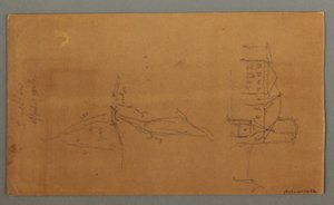 素描、2つの教会、谷、滝、1868年