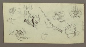 素描、馬に乗り、槍、剣、銃の下部などを持つ2人の人物、おそらく1868年