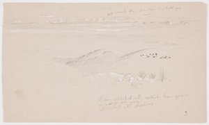 デッサン、丘陵と平原を横切って山脈に向かう眺め、エル・イエメンの谷、1868年2月 作： Frederic Edwin Church