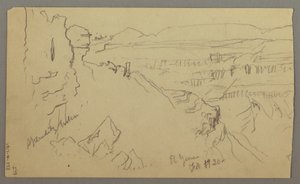 デッサン、丘陵と平原を横切って山脈に向かう眺め、エル・イエメンの谷、1868年2月 作： フレデリックエドウィン教会