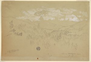 素描、ベルヒテスガーデン近郊の眺め、バイエルン州、1868年6月 作： フレデリックエドウィン教会
